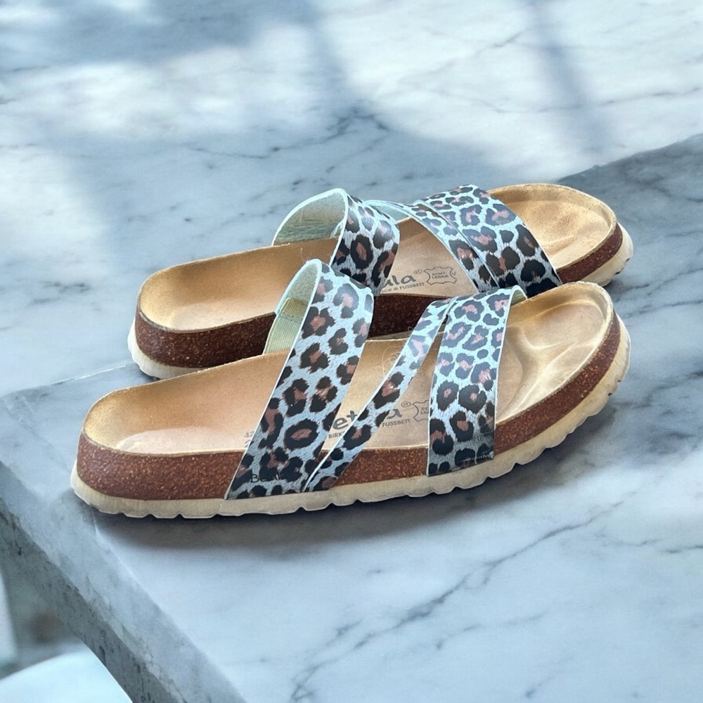 Betula Birkenstock Leopard Print Sandals with Blue Straps